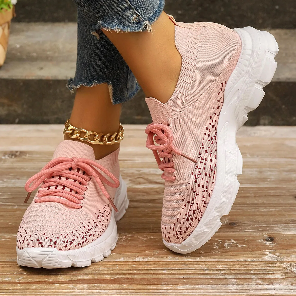 Ashore Shop Pink Knitting Platform Sneakers for Women 2024 Spring Mesh Breathable Sports Shoes Woman Non Slip Thick Sole Running Sneakers