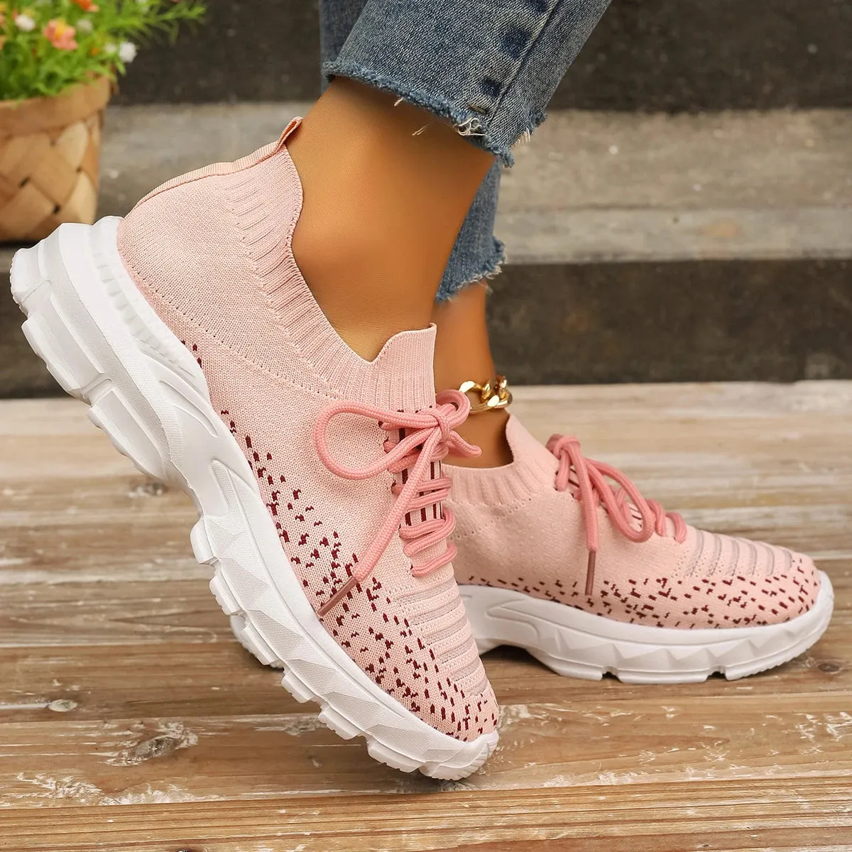 Ashore Shop Pink Knitting Platform Sneakers for Women 2024 Spring Mesh Breathable Sports Shoes Woman Non Slip Thick Sole Running Sneakers