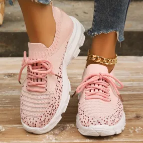 Ashore Shop Pink Knitting Platform Sneakers for Women 2024 Spring Mesh Breathable Sports Shoes Woman Non Slip Thick Sole Running Sneakers