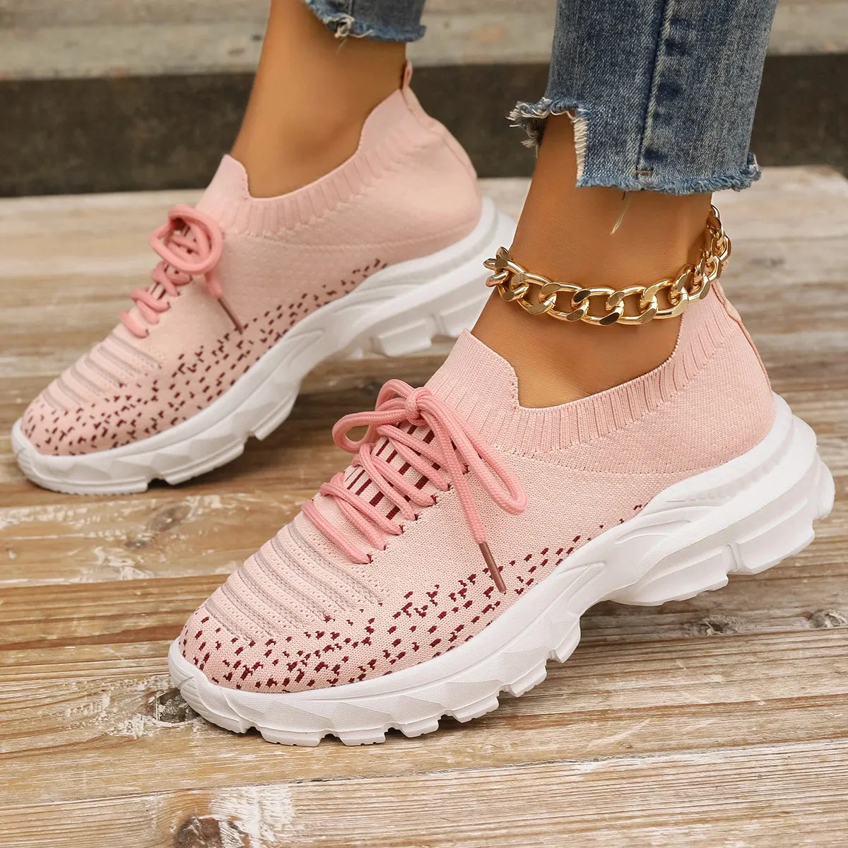 Ashore Shop Pink Knitting Platform Sneakers for Women 2024 Spring Mesh Breathable Sports Shoes Woman Non Slip Thick Sole Running Sneakers