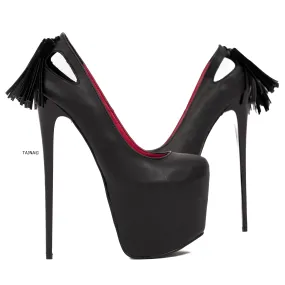 Back Fringe Black Matte High Heel Pumps