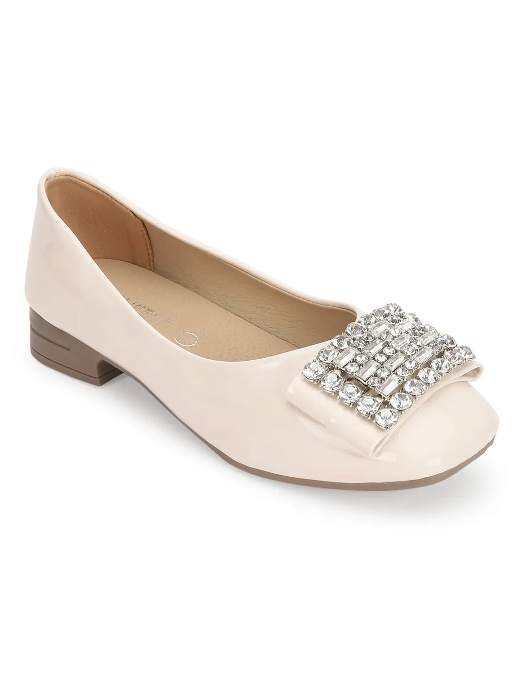 Beige Patent Diamonte Ballerina Flats (TC-RS3629-BEIG)