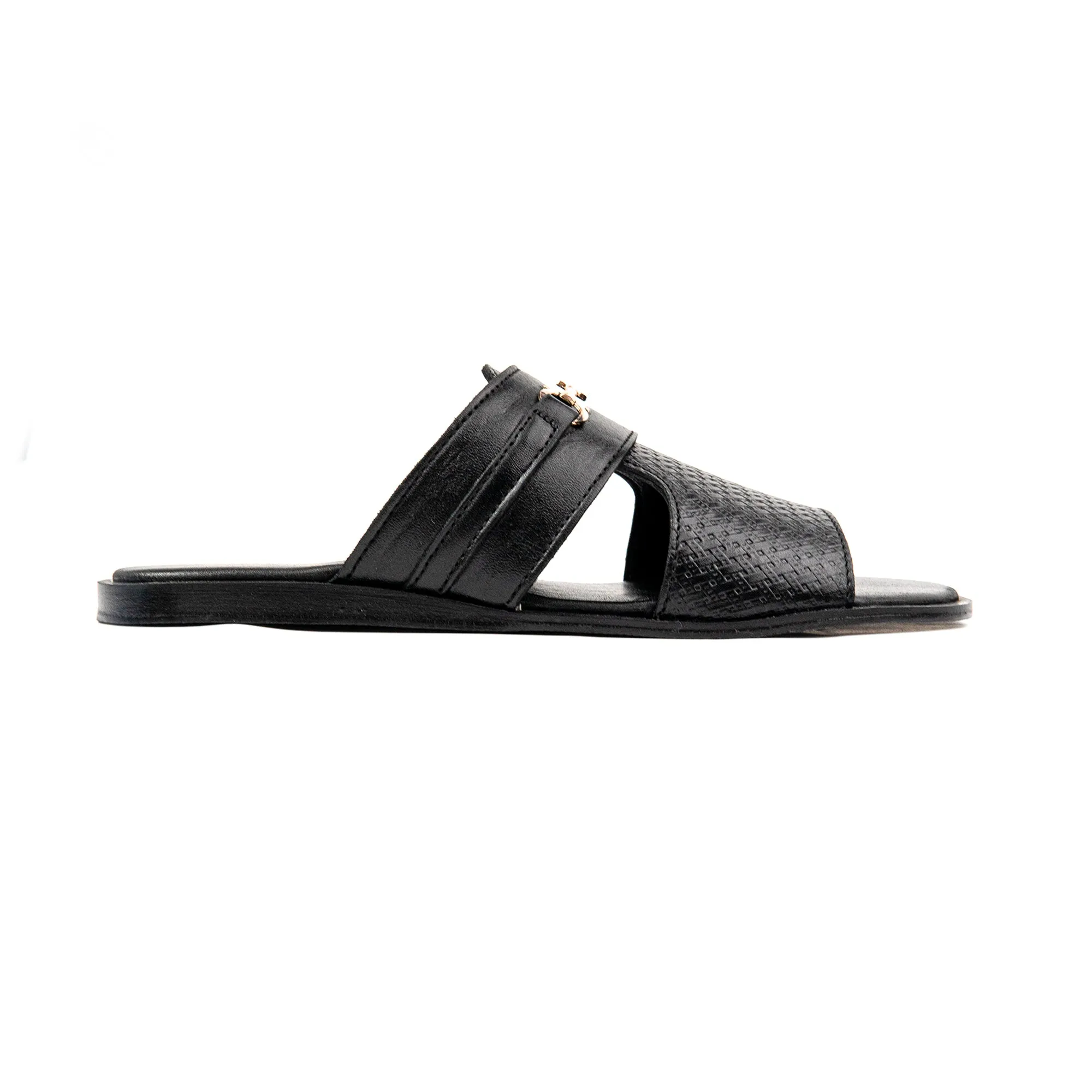 Black Buckled Premium Leather Slippers