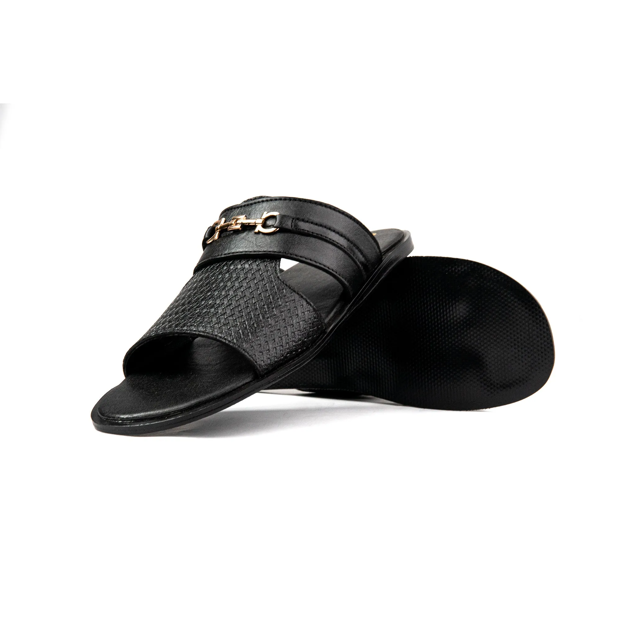 Black Buckled Premium Leather Slippers