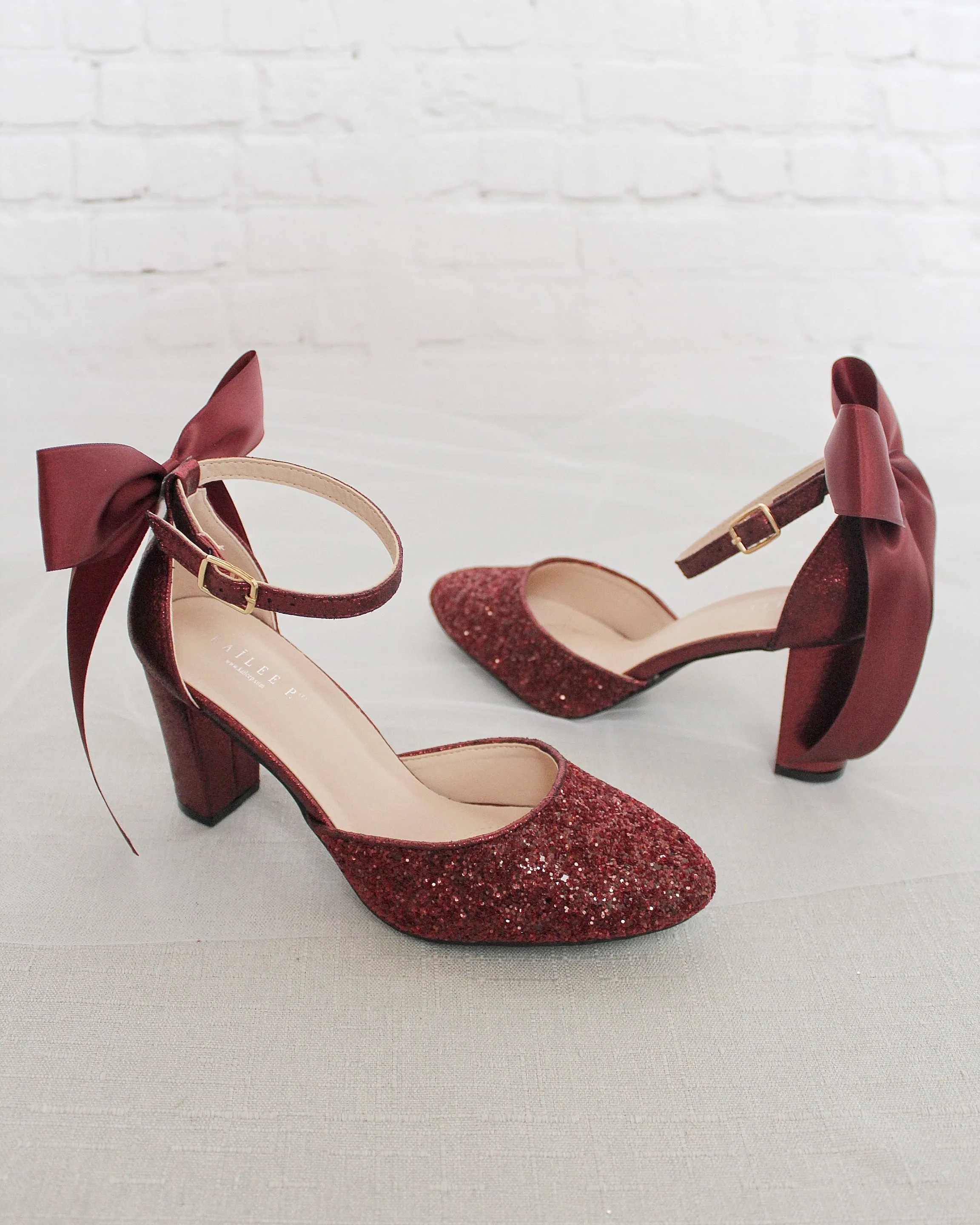 Burgundy Rock Glitter Block Heel with Back Satin Bow