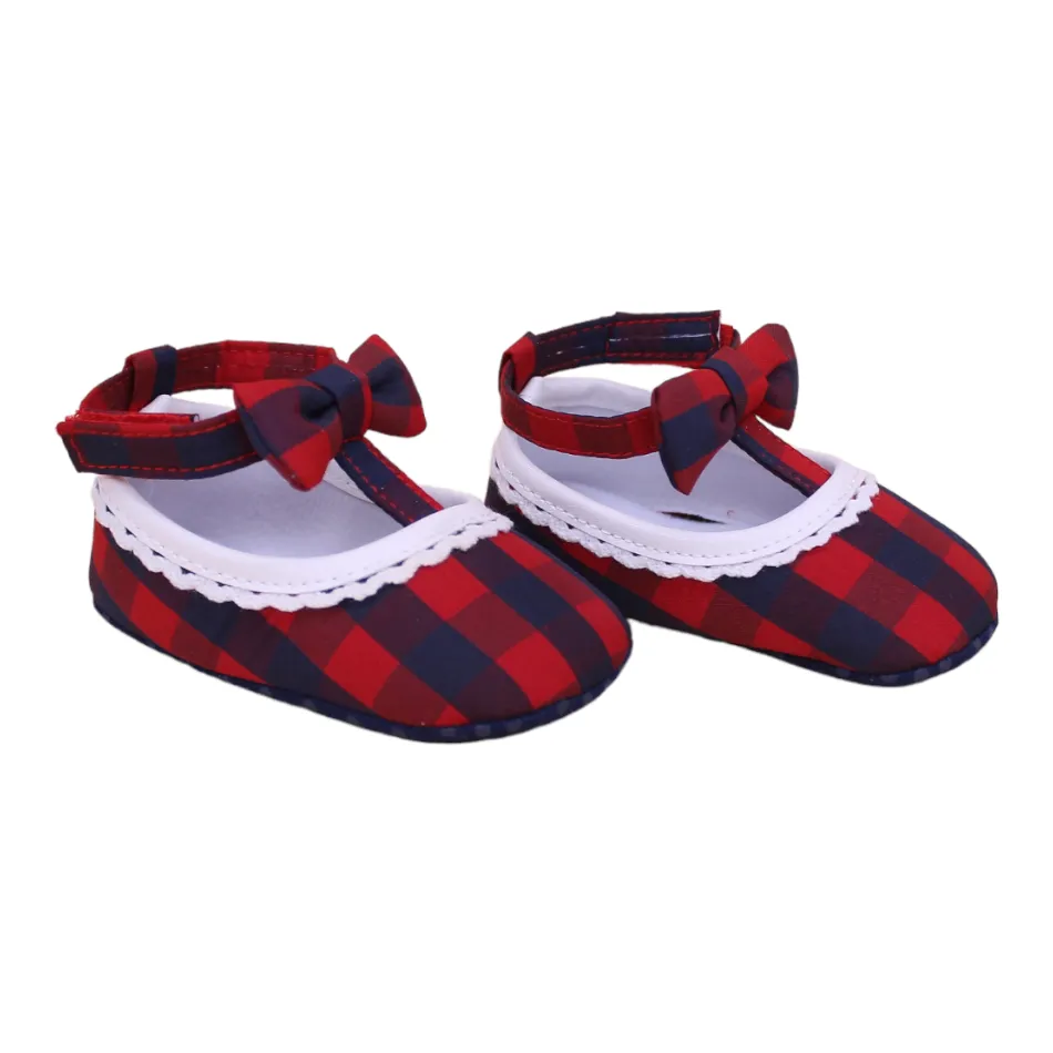 Checked Slip On Bow Shoes (Red/Navy) - Prewalker