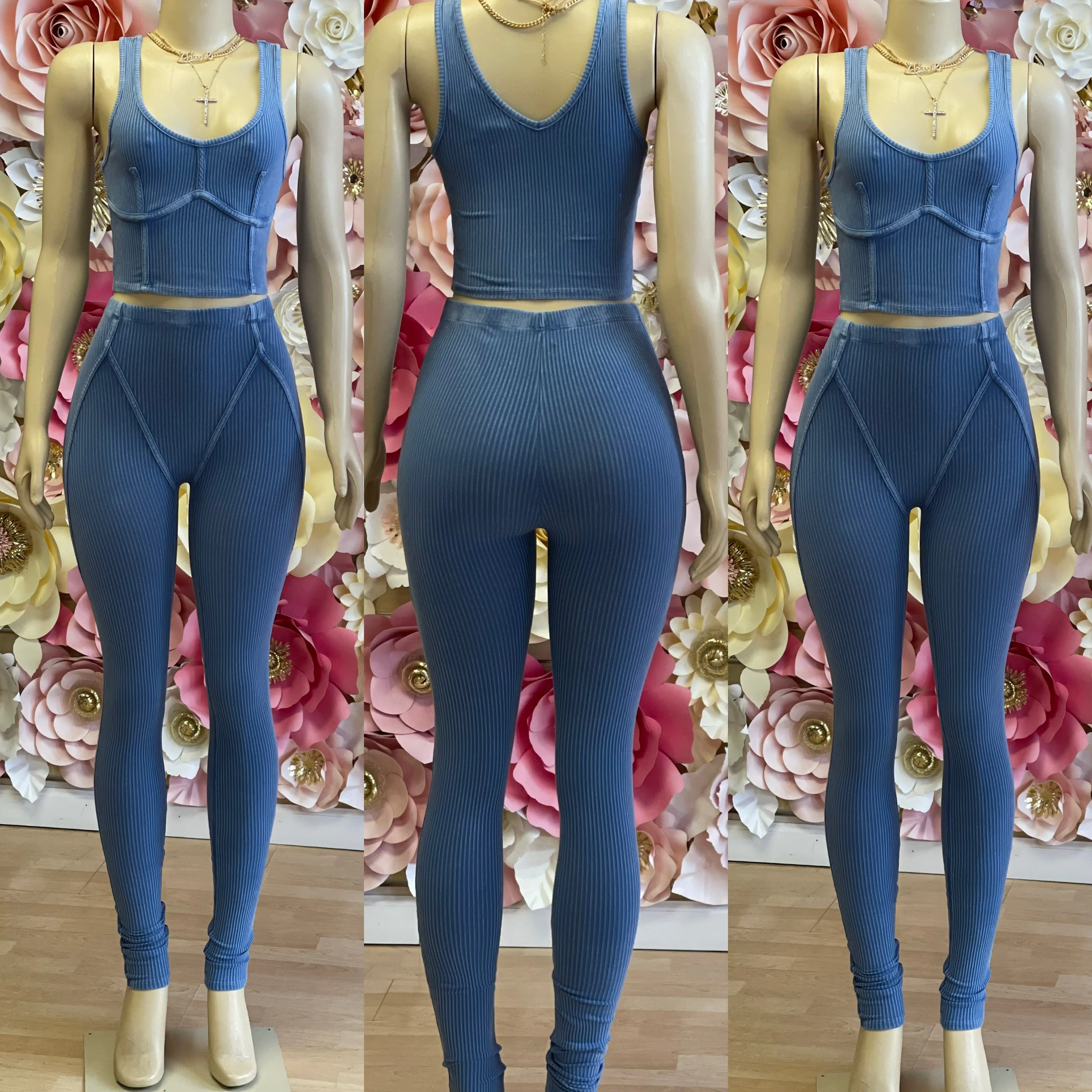 Classy 2 Piece Vintage Outlined Pants Set( Blue)