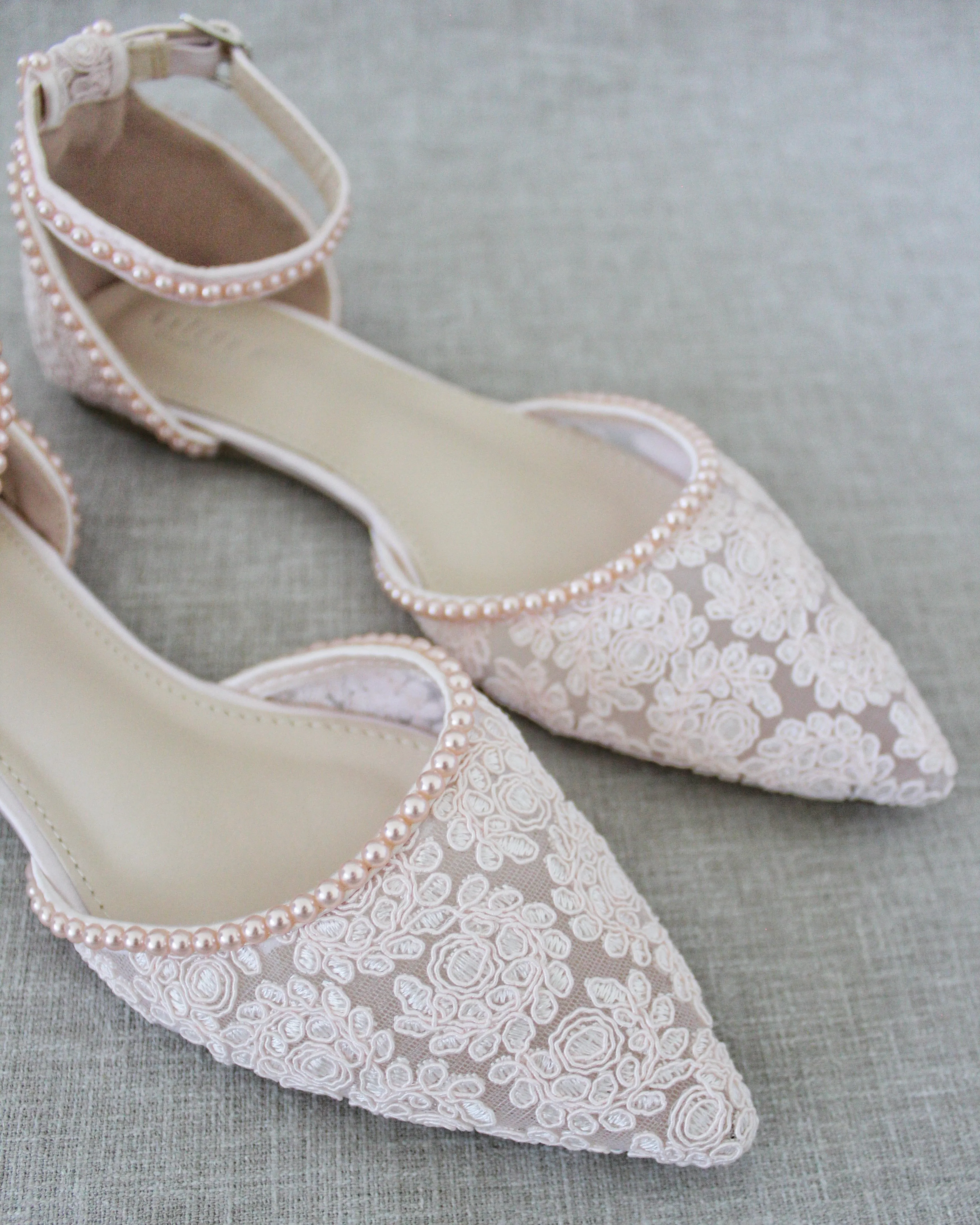 Dusty Pink Crochet Lace Pointy Toe with Mini Pearls