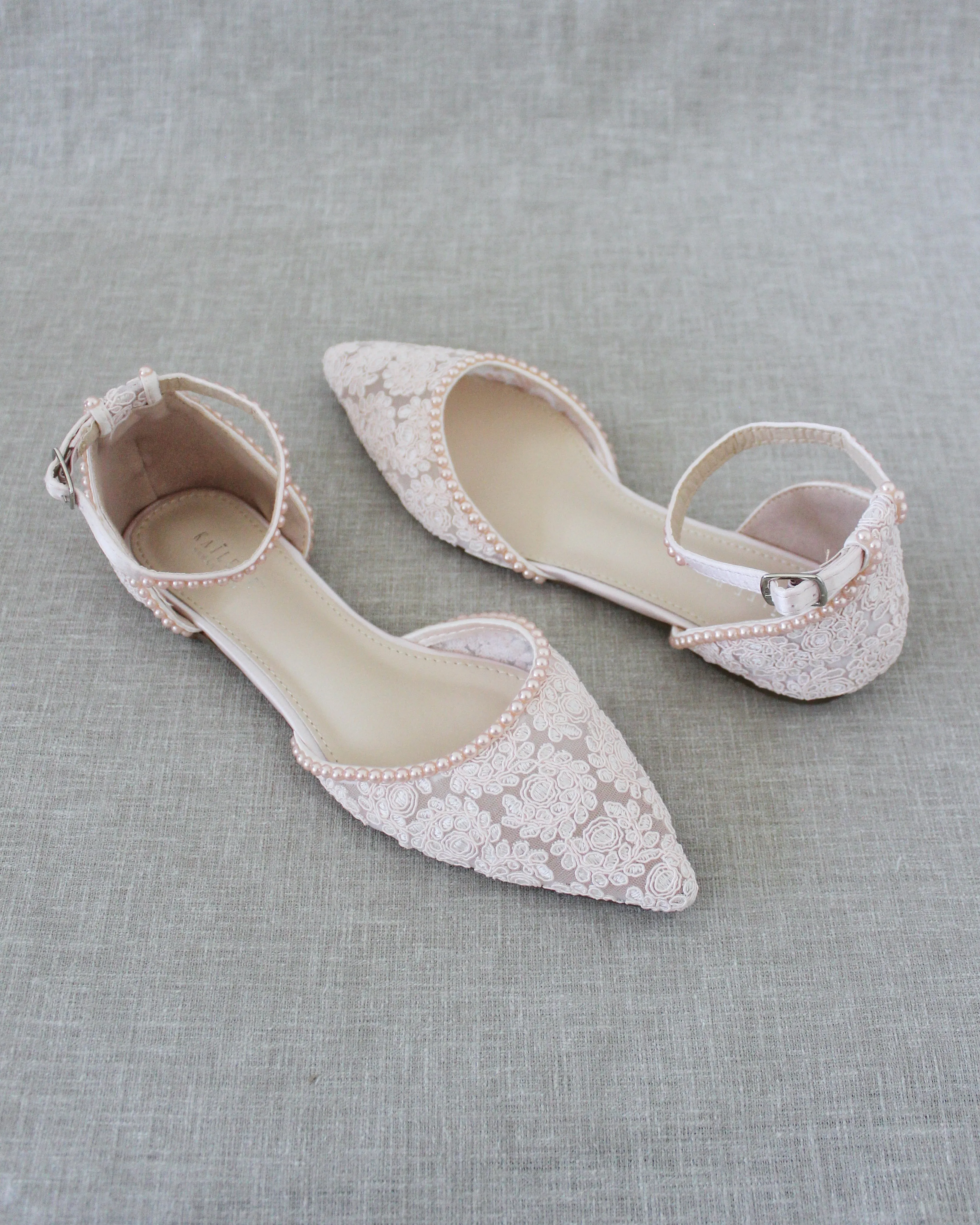 Dusty Pink Crochet Lace Pointy Toe with Mini Pearls