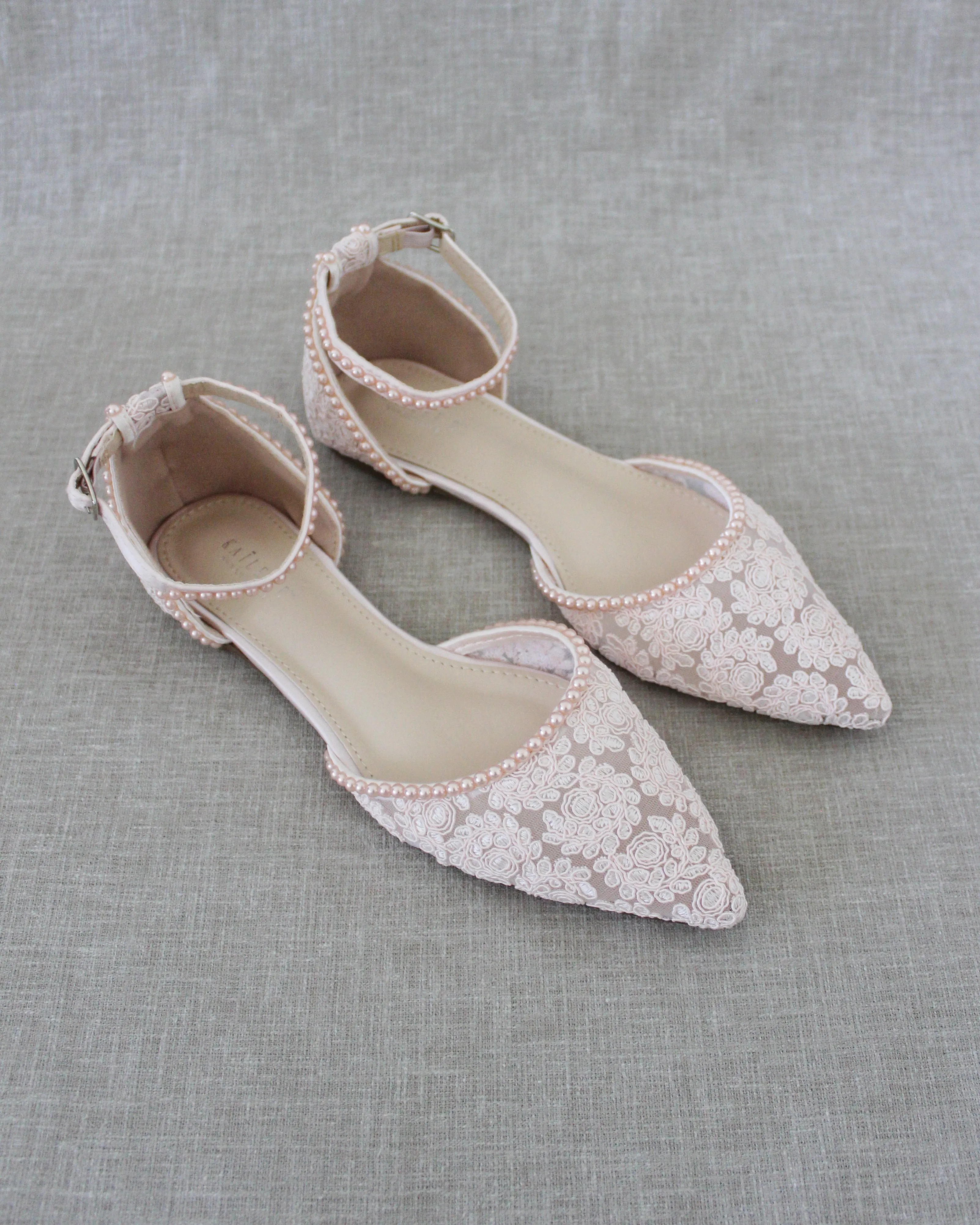 Dusty Pink Crochet Lace Pointy Toe with Mini Pearls