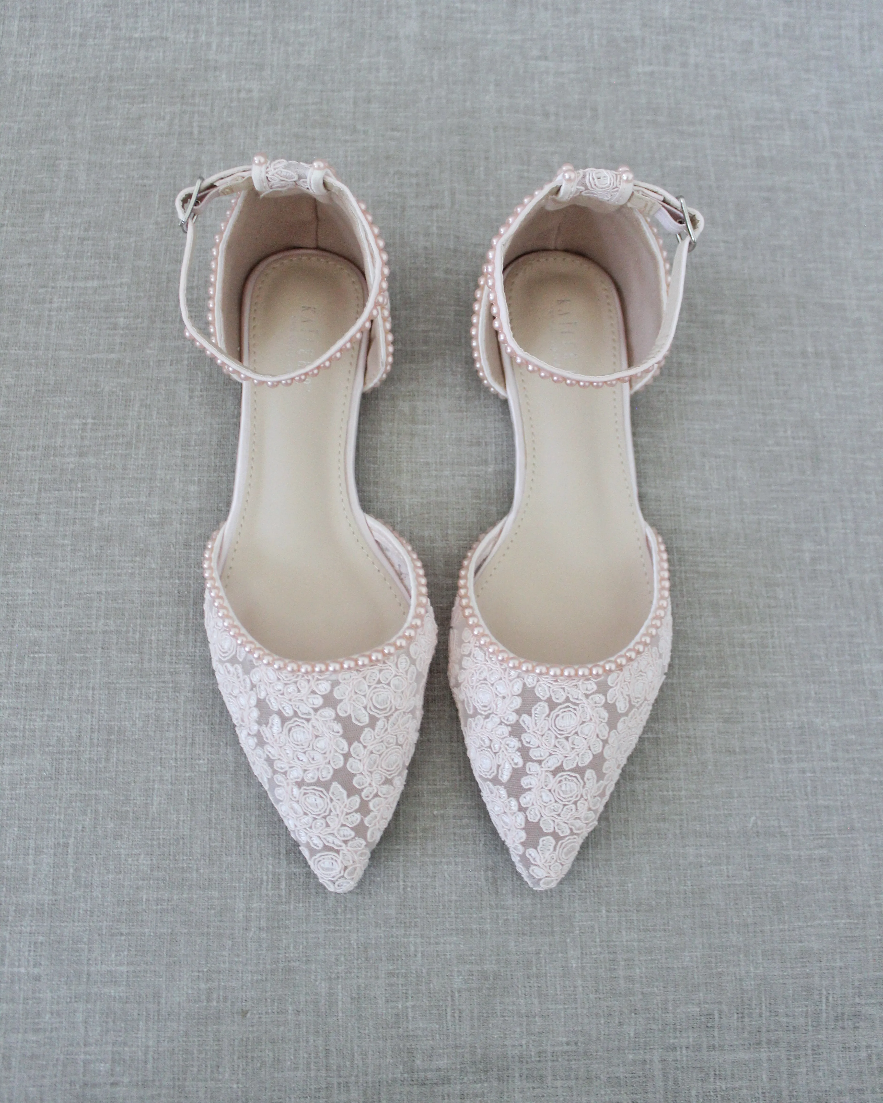 Dusty Pink Crochet Lace Pointy Toe with Mini Pearls