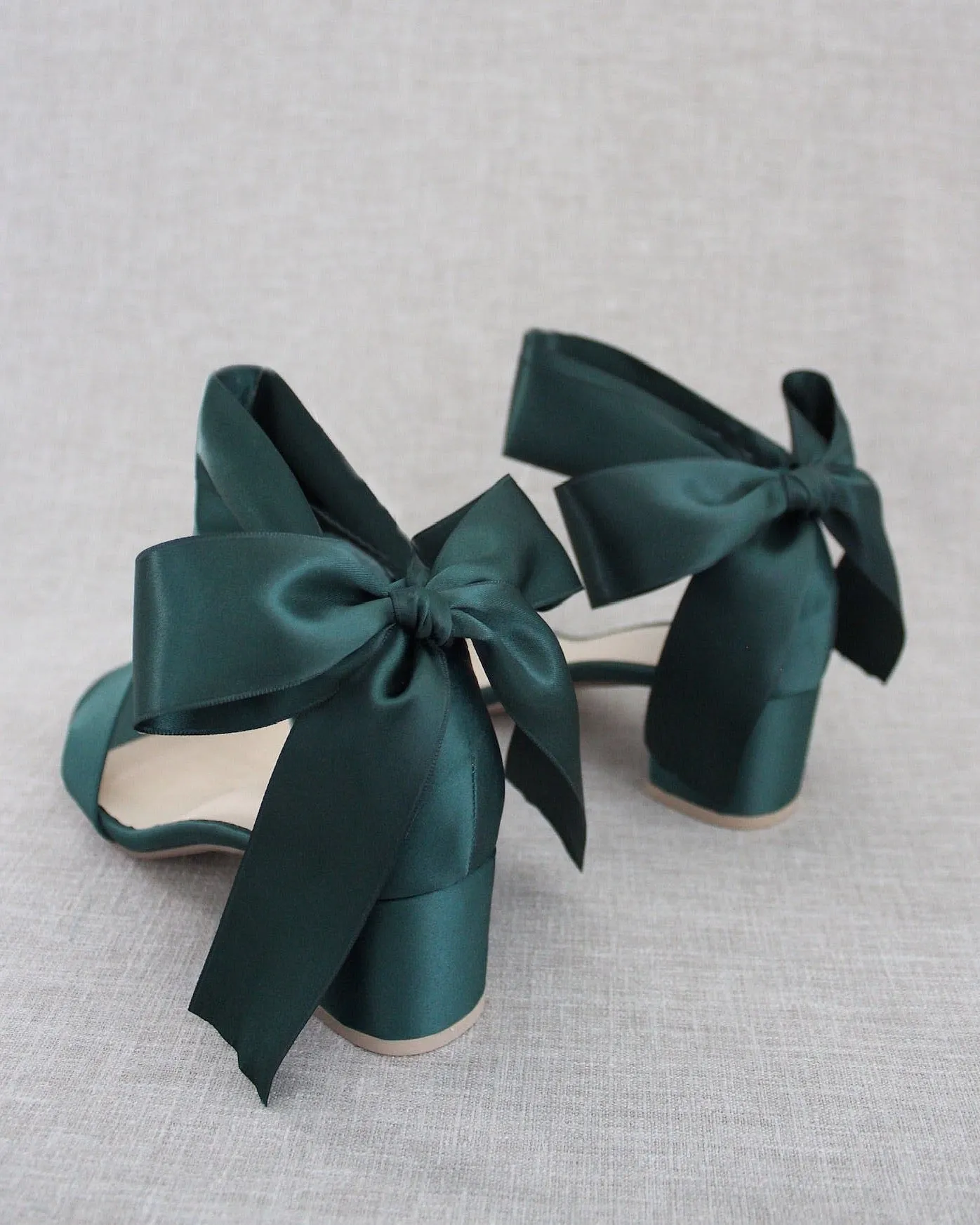 Hunter Green Satin Block Heel Sandal with Wrapped Satin Tie