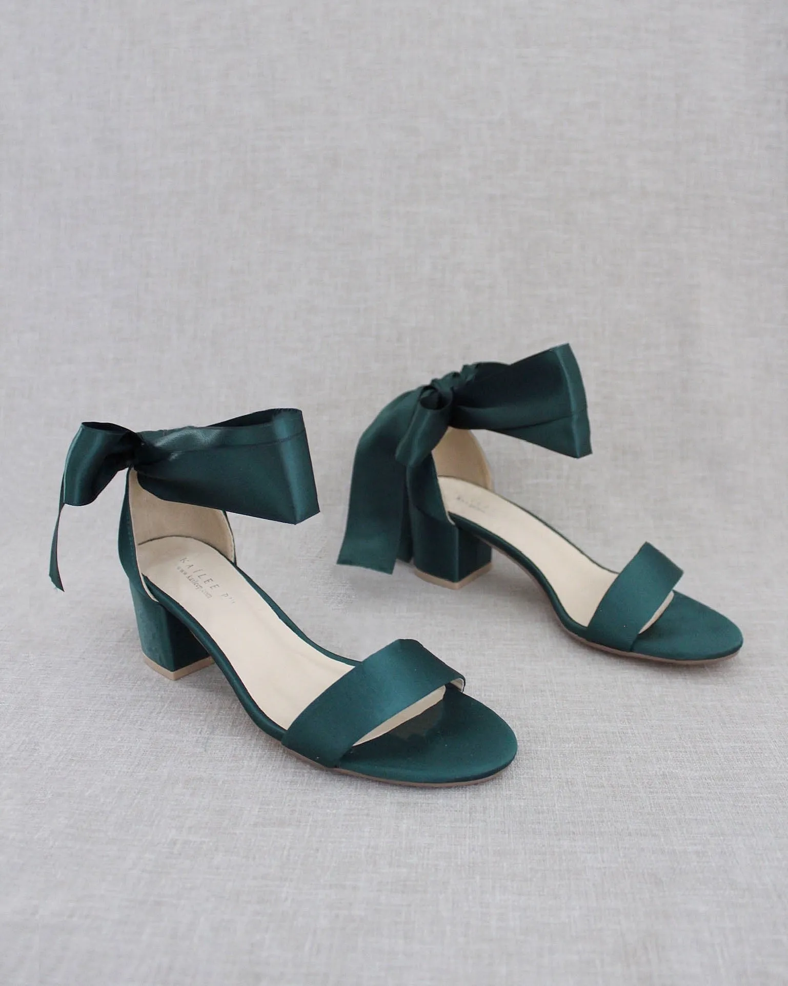 Hunter Green Satin Block Heel Sandal with Wrapped Satin Tie