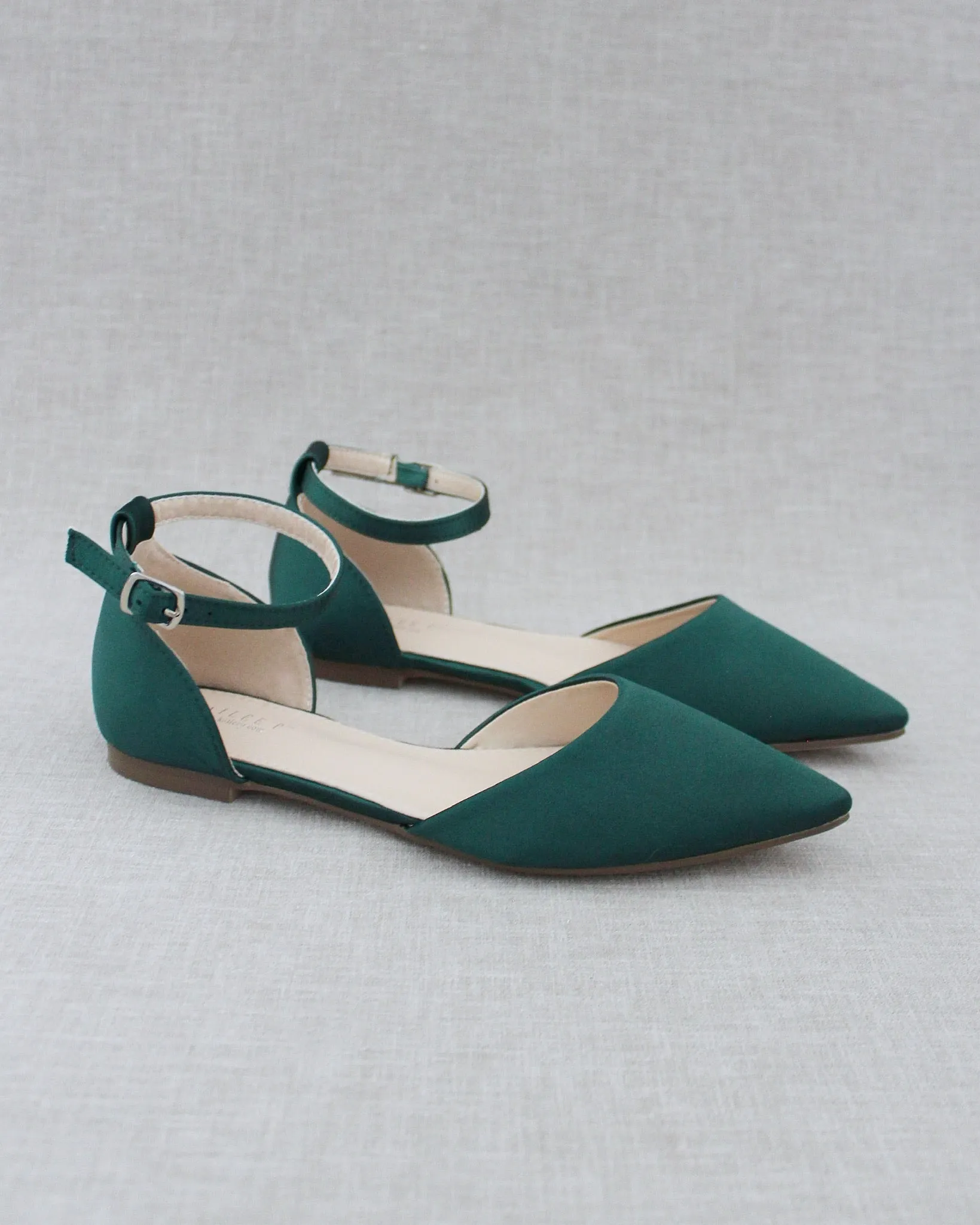 Hunter Green Satin Pointy Toe Flats with Ankle Strap