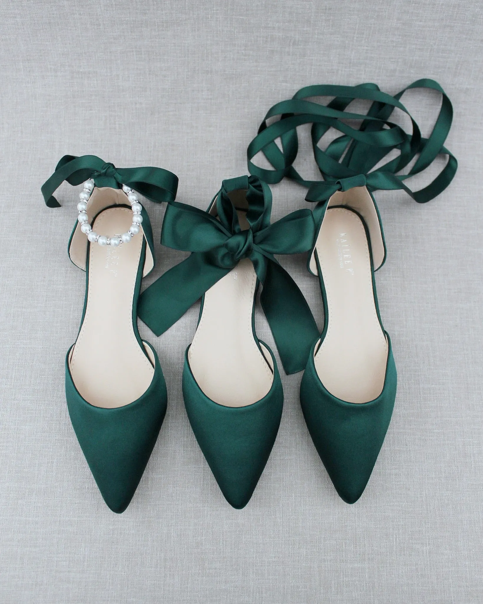 Hunter Green Satin Pointy Toe Flats with Satin Ankle Tie or Ballerina Lace Up