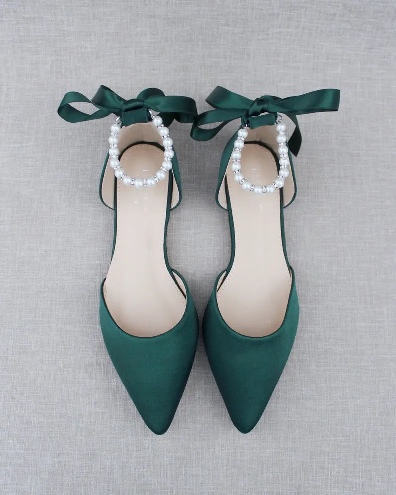 Hunter Green Satin Pointy Toe Flats with Satin Ankle Tie or Ballerina Lace Up