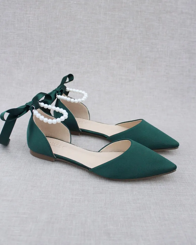 Hunter Green Satin Pointy Toe Flats with Satin Ankle Tie or Ballerina Lace Up