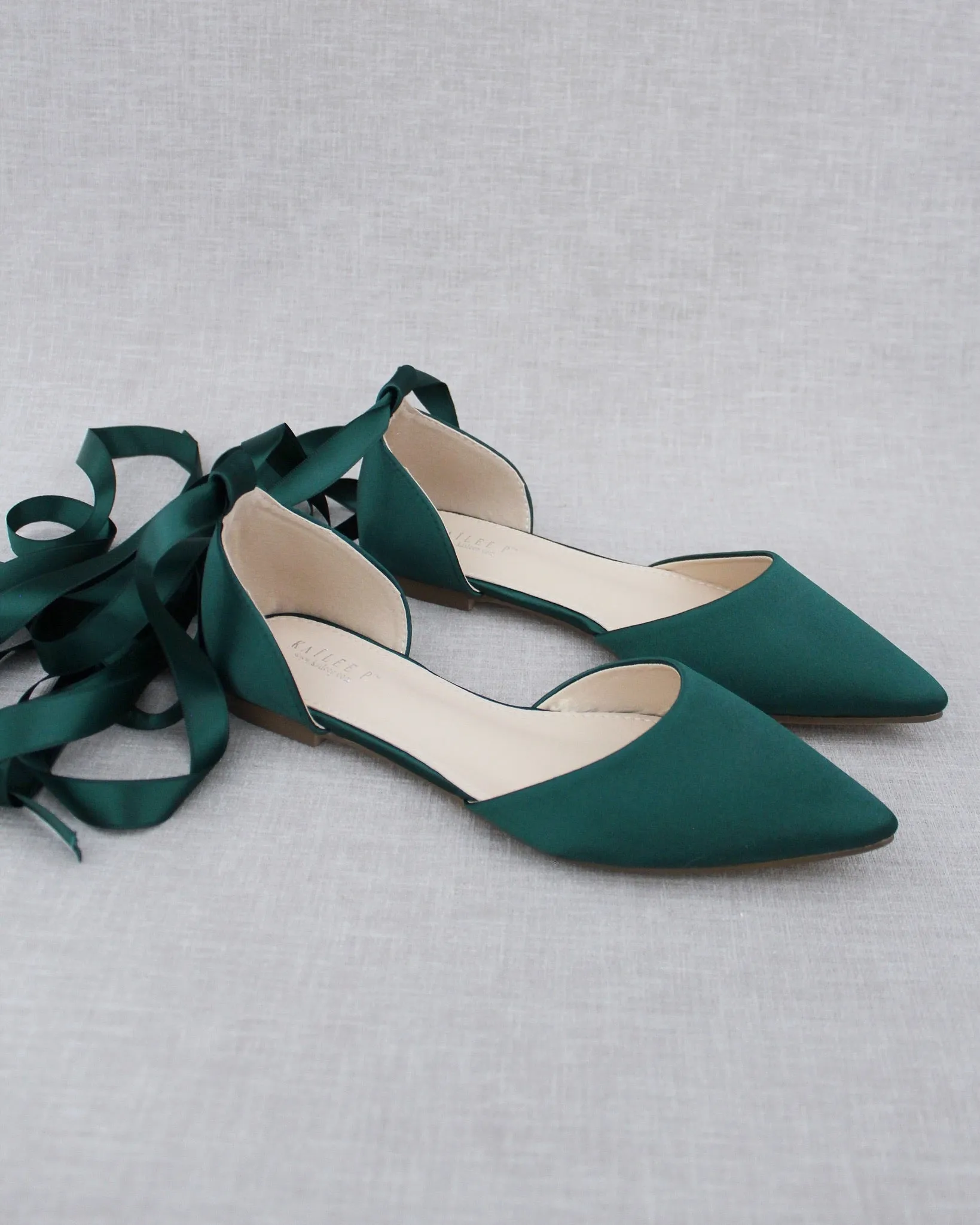 Hunter Green Satin Pointy Toe Flats with Satin Ankle Tie or Ballerina Lace Up