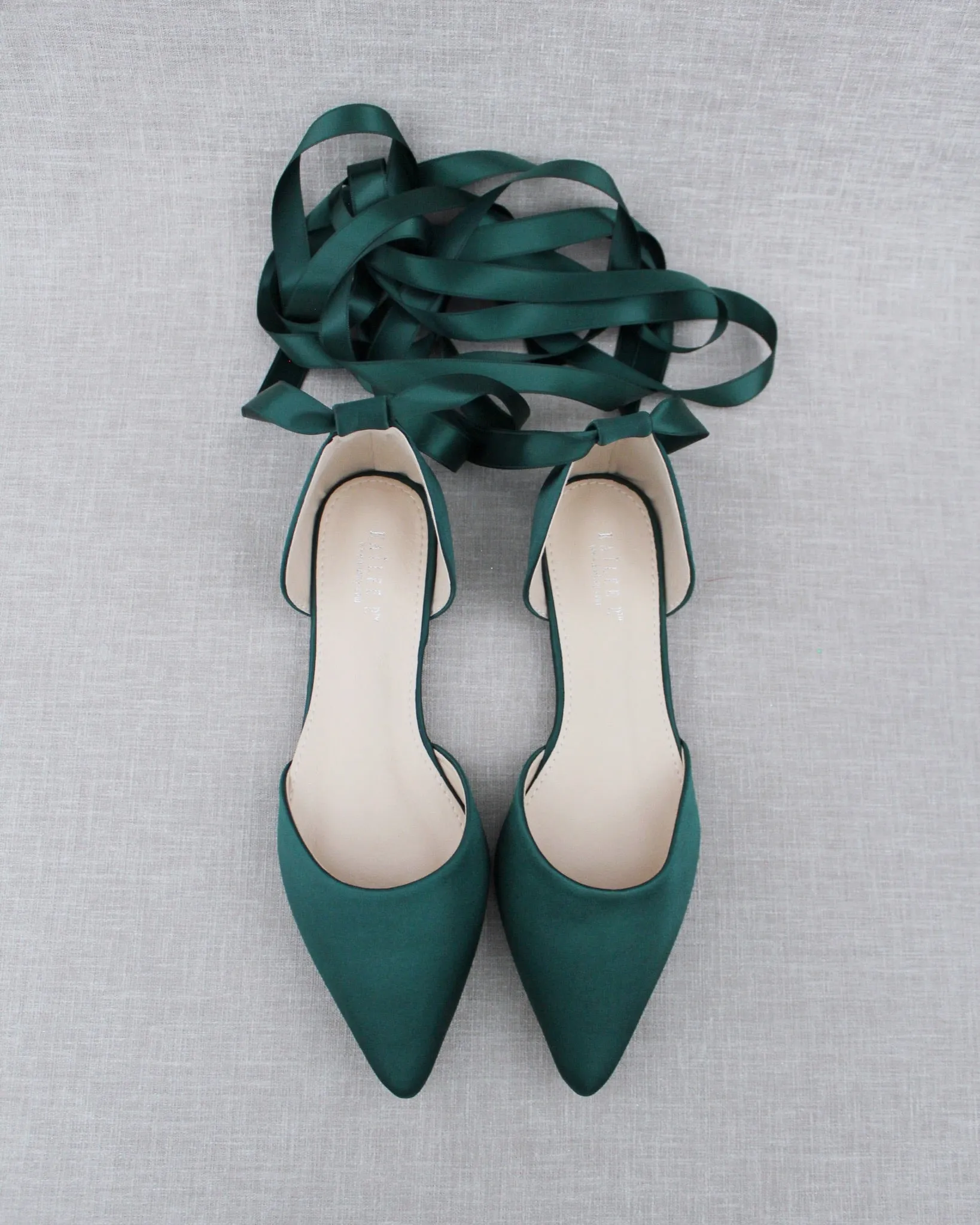 Hunter Green Satin Pointy Toe Flats with Satin Ankle Tie or Ballerina Lace Up