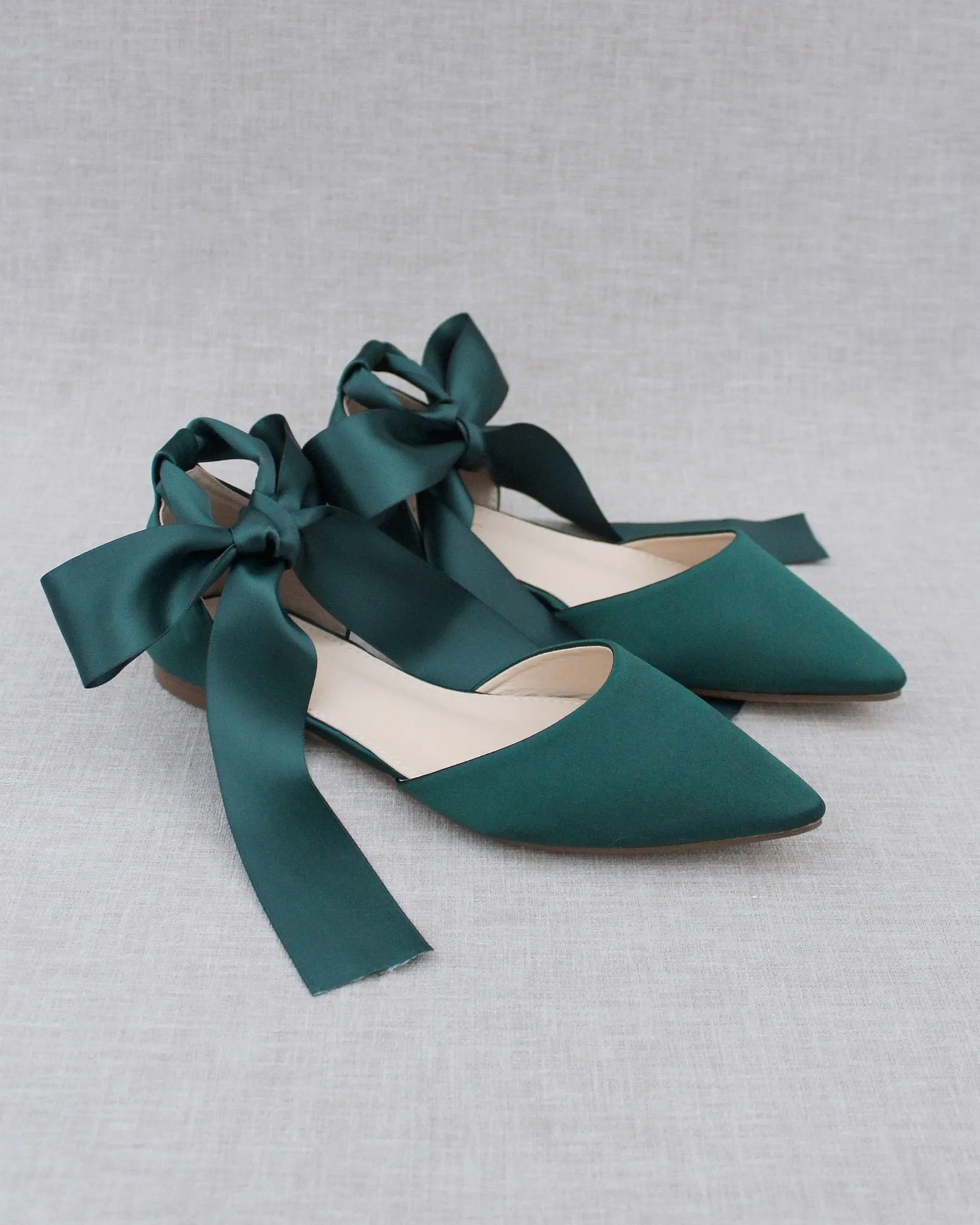 Hunter Green Satin Pointy Toe Flats with Satin Ankle Tie or Ballerina Lace Up