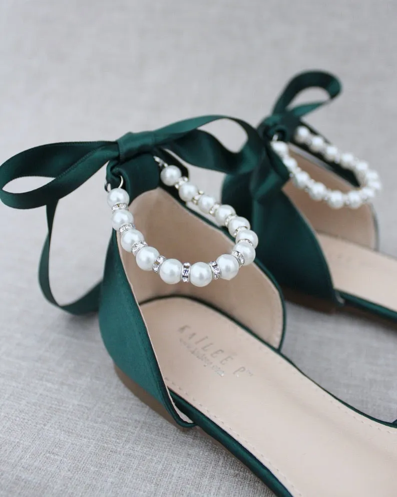 Hunter Green Satin Pointy Toe Flats with Satin Ankle Tie or Ballerina Lace Up