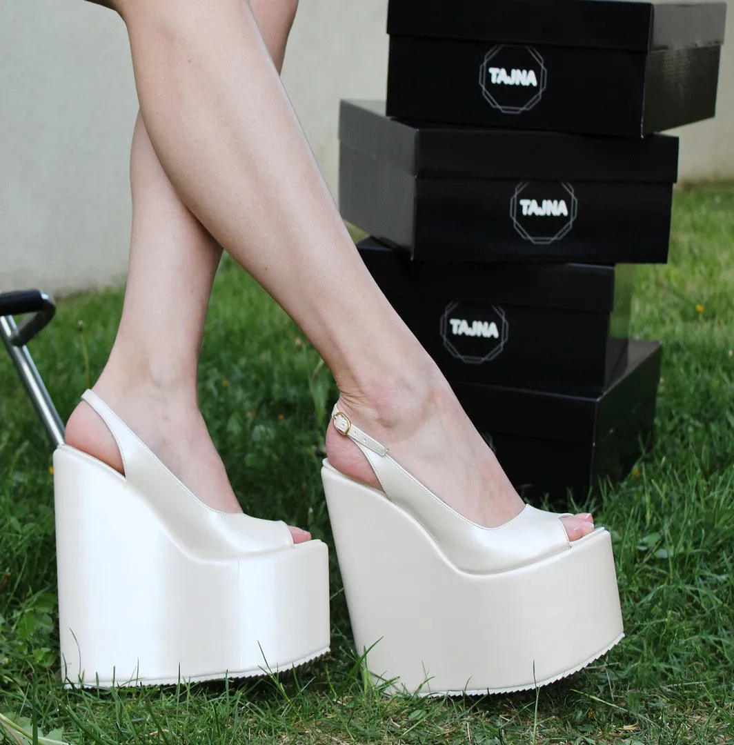 Ivory White Peep Toe High Heel Wedge Shoes