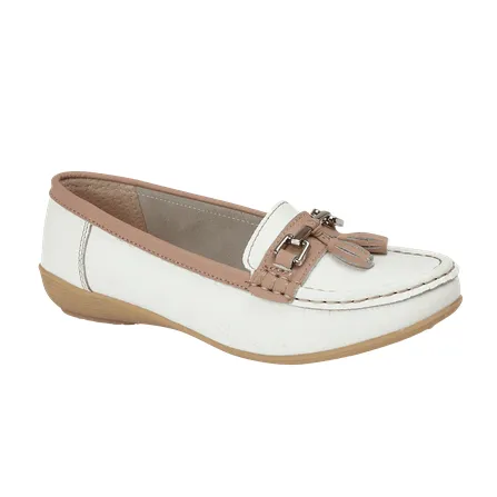 Ladies Leather Slip on White/Mocha Shoes Seafairer Flat Jo & Joe