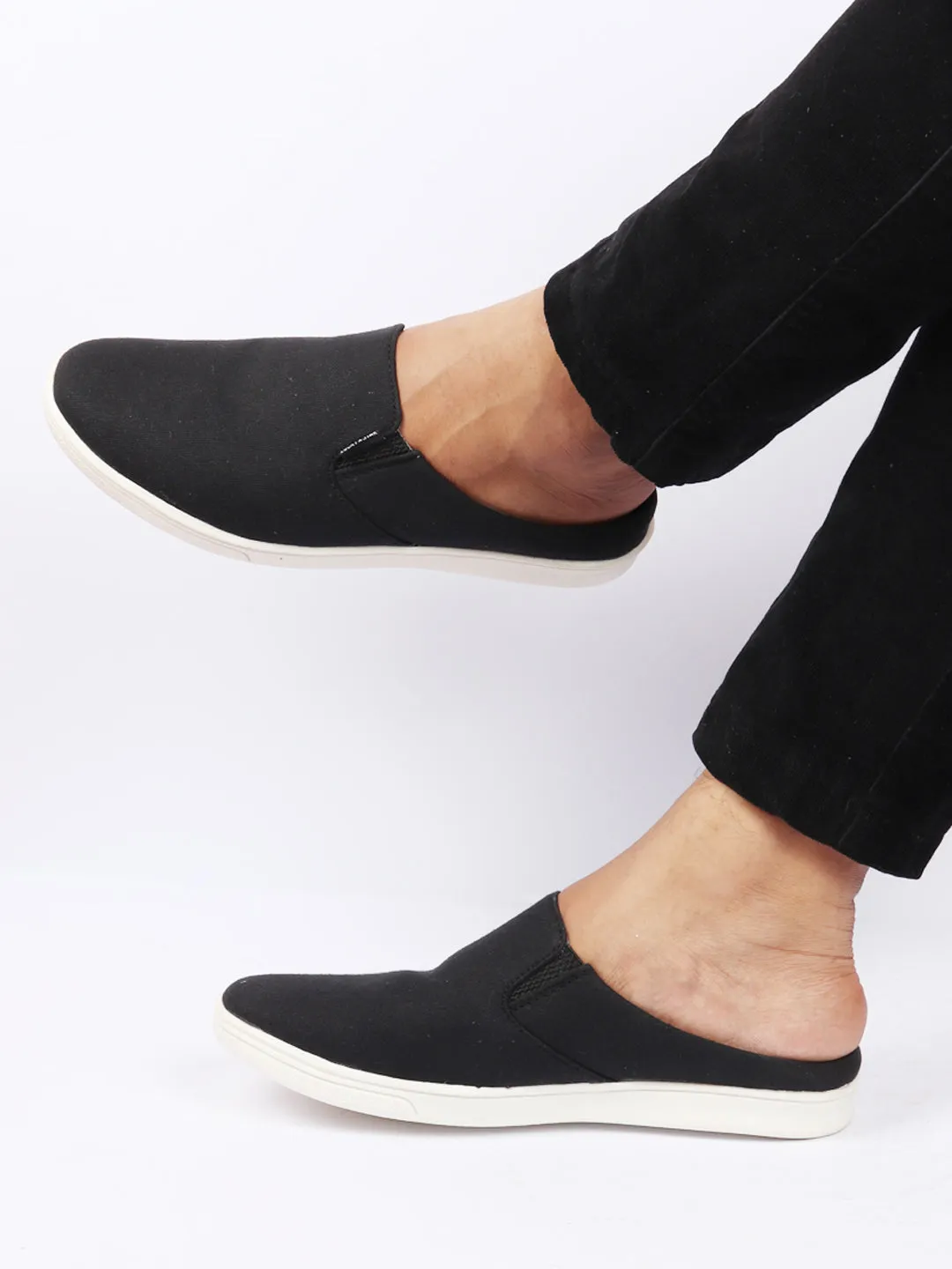 Men Black Casual Back Open Canvas Stylish Slip On Shoes