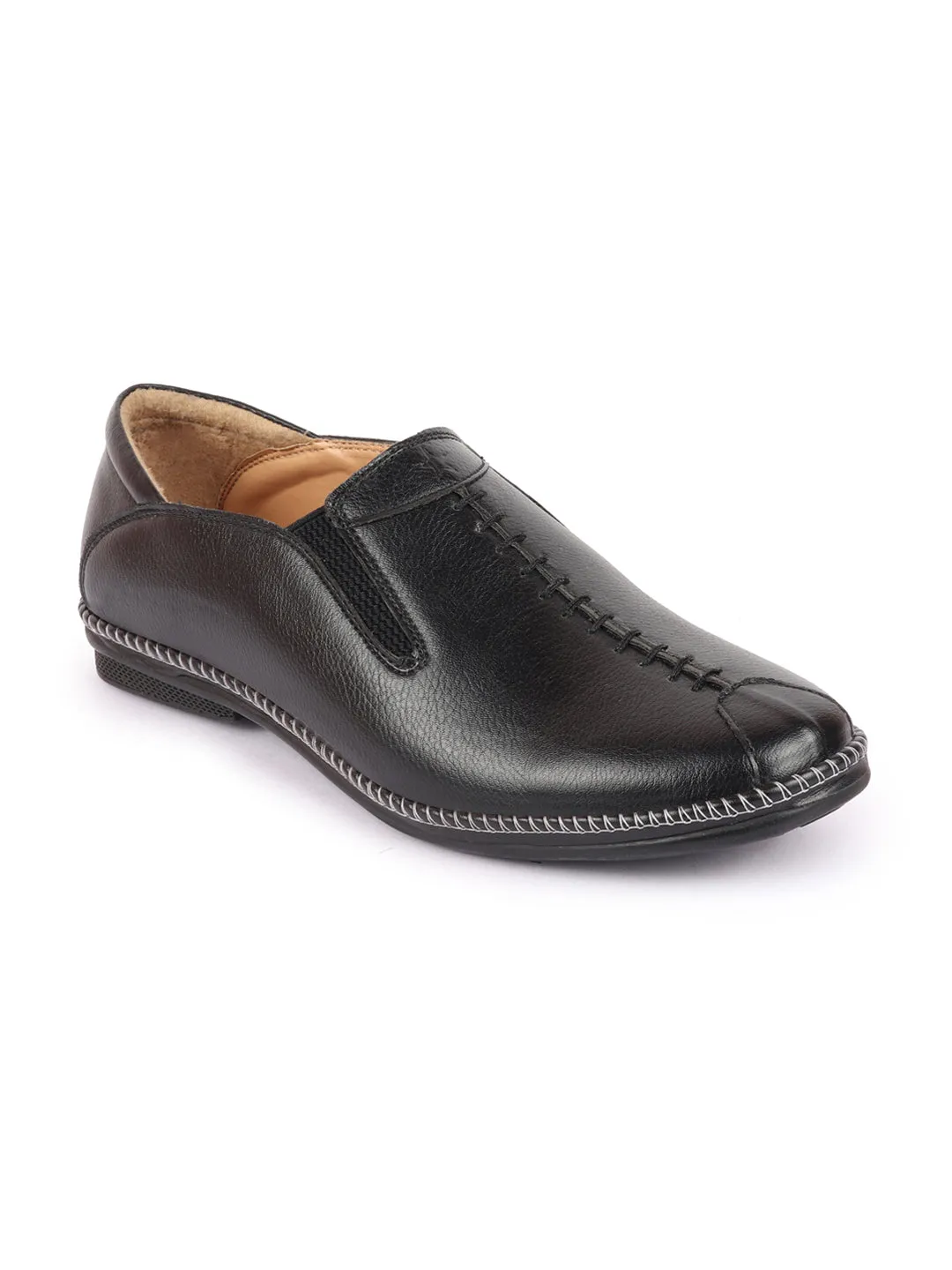 Men Black Casual Cap Toe Hand Stitched Slip On Shoes