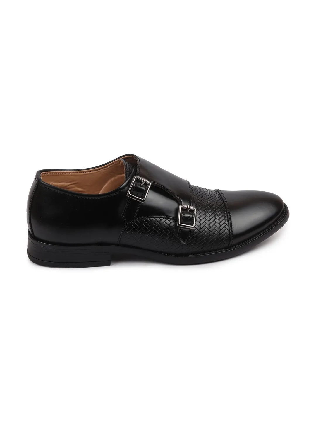 Men Black Monk Double Strap Formal Shoes with TPR Welted Sole