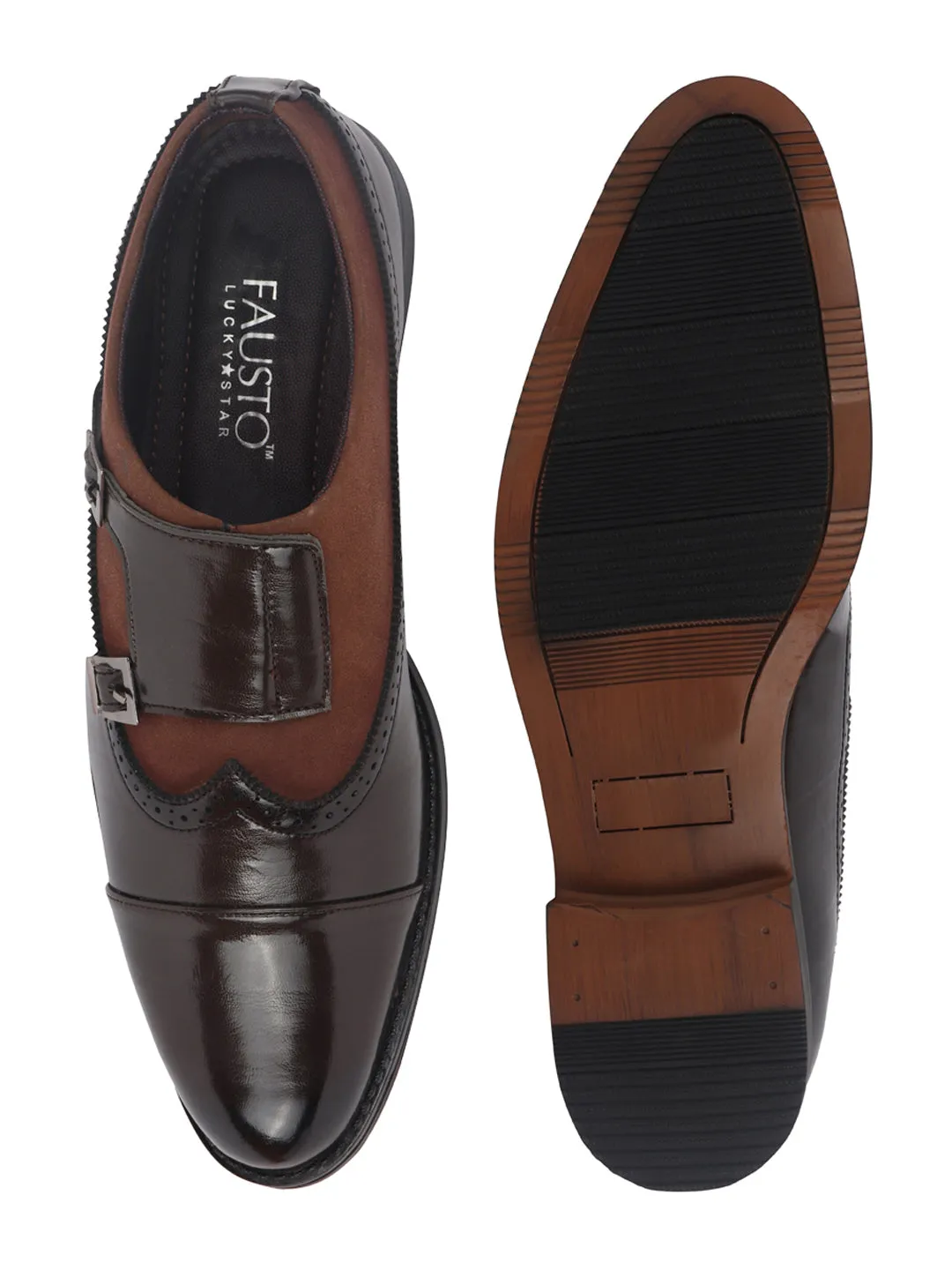 Men Party Brown Double Strap Monk Slip On Shoes