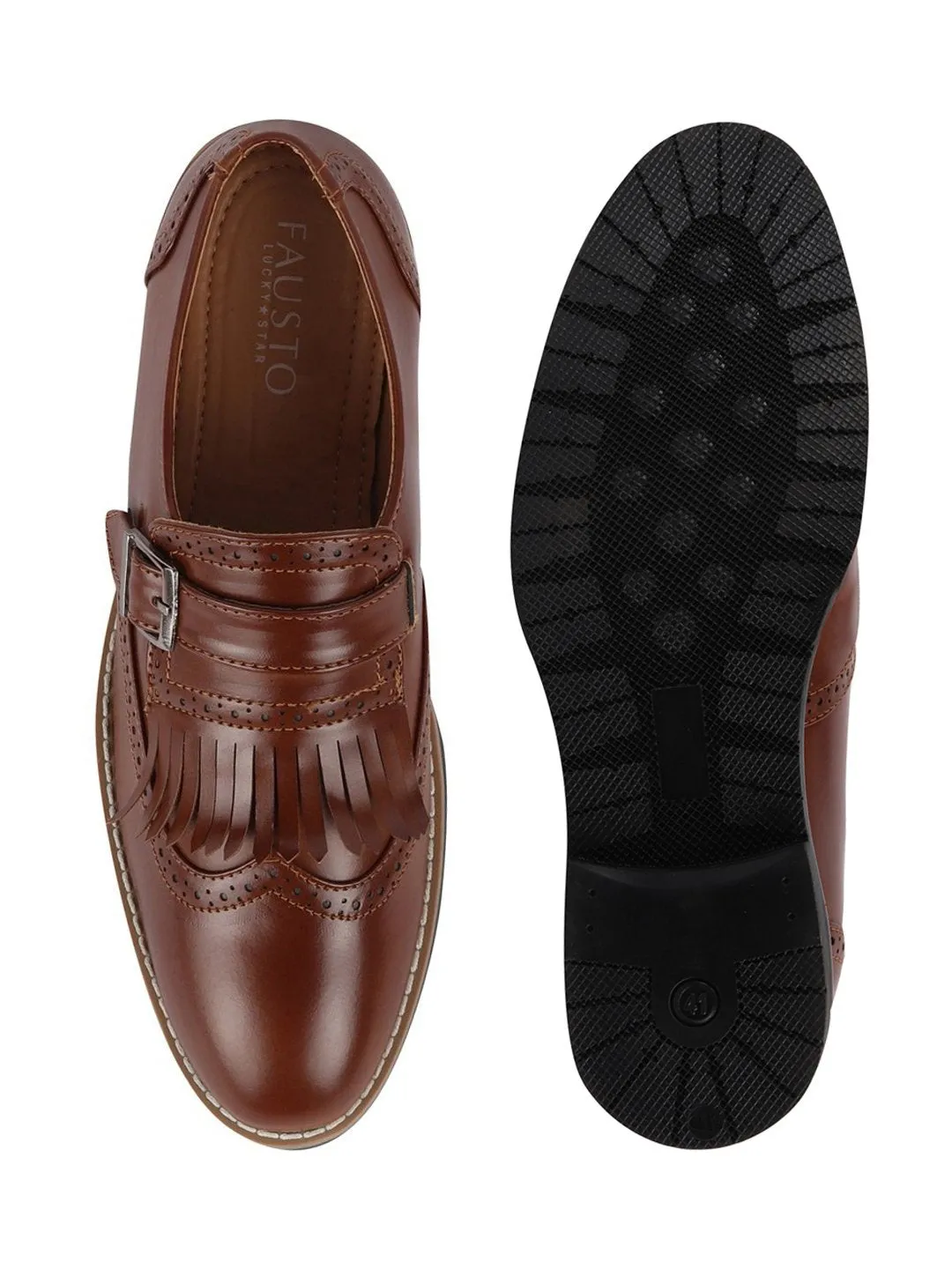 Men Tan Monk Single Strap Fringe Formal Shoes with TPR Welted Sole