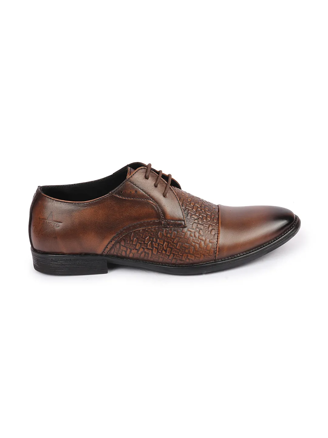 Men Tan Wedding Party Genuine Leather Embossed Design Oxford Lace Up Shoes