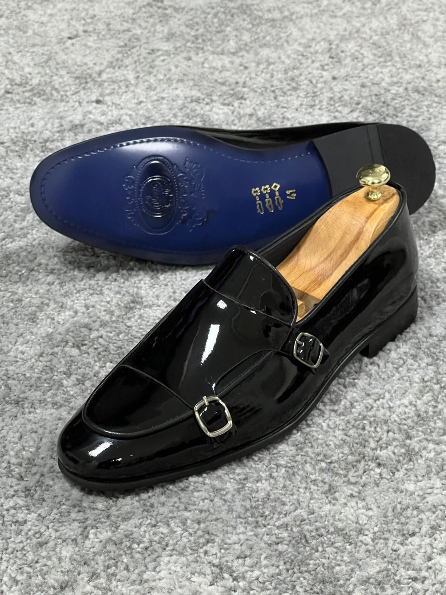 Neo Lite Sole Double Monk Strap Patent Leather Black Shoes