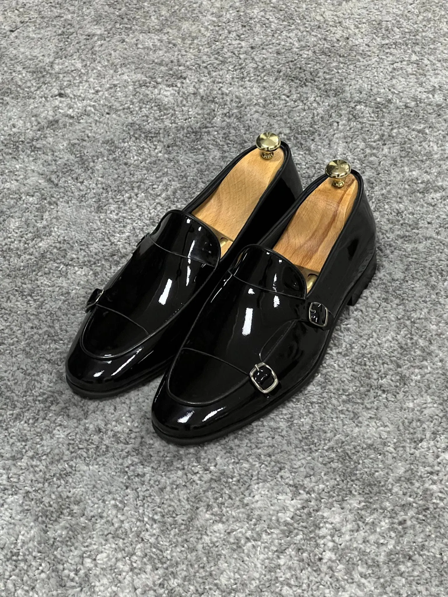 Neo Lite Sole Double Monk Strap Patent Leather Black Shoes