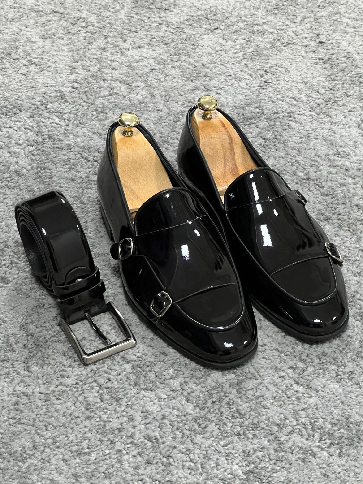 Neo Lite Sole Double Monk Strap Patent Leather Black Shoes