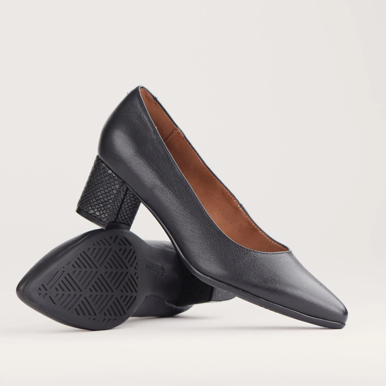 Stylish Black Pointed Block Heel Court Shoes - Model 12604