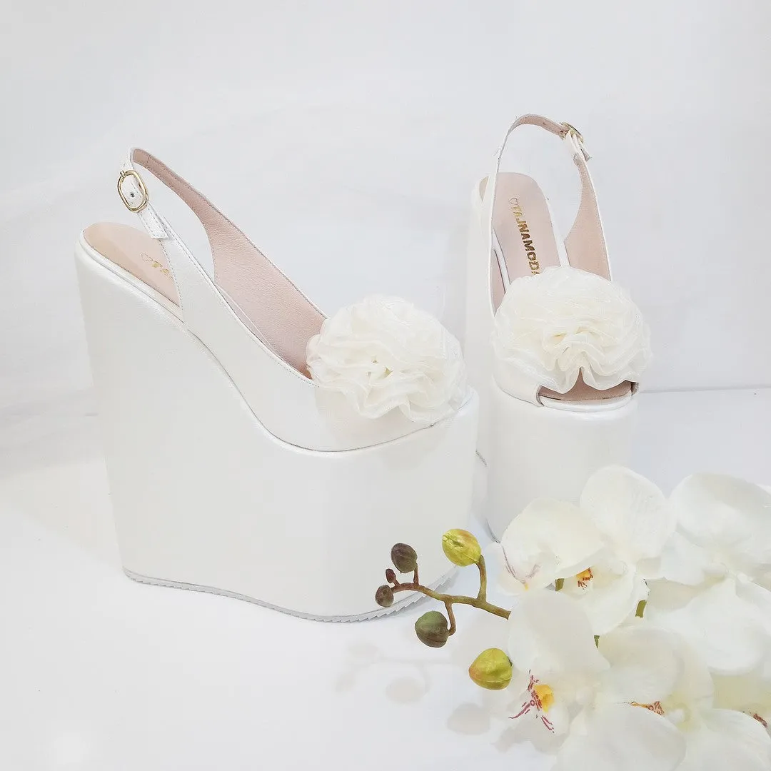 Pompom Ivory White Pee Toe Platform Wedge Bridal Shoes