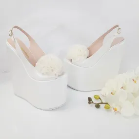 Pompom Ivory White Pee Toe Platform Wedge Bridal Shoes