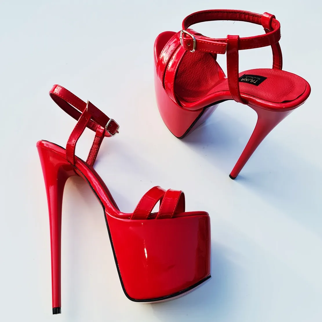 Red Gloss Double Strap High Heel Sandals