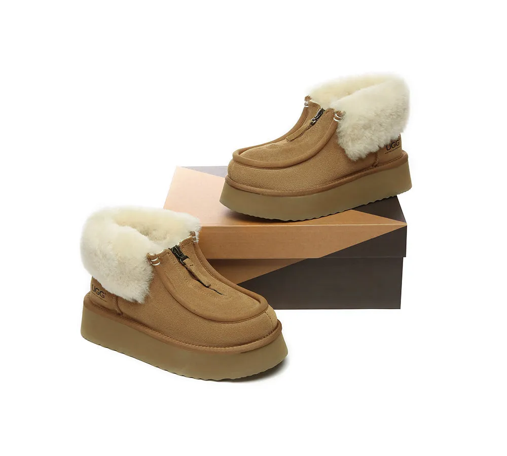 UGG AUSTRALIAN SHEPHERD Sheepskin Wool Collar Zipper Platform Mini Ankle Boots