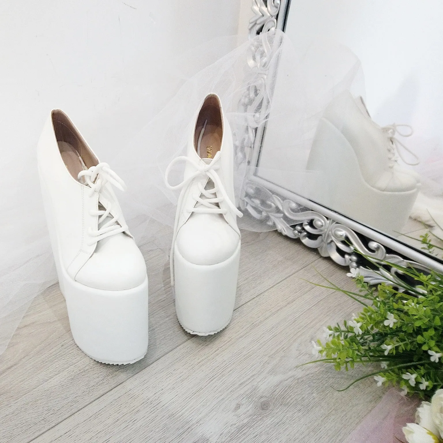 White Lace up High Heel Wedge Shoes Wedding / Bridal