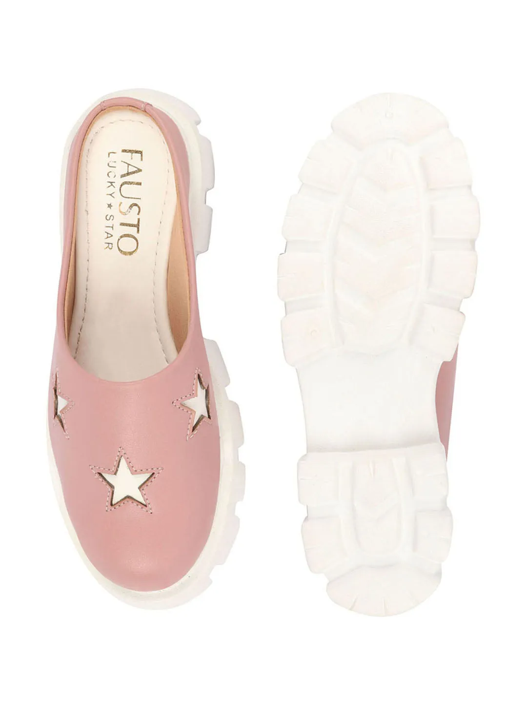 Women Peach Laser Cut Star Open Back Height Enhancer Slip On Casual Shoes