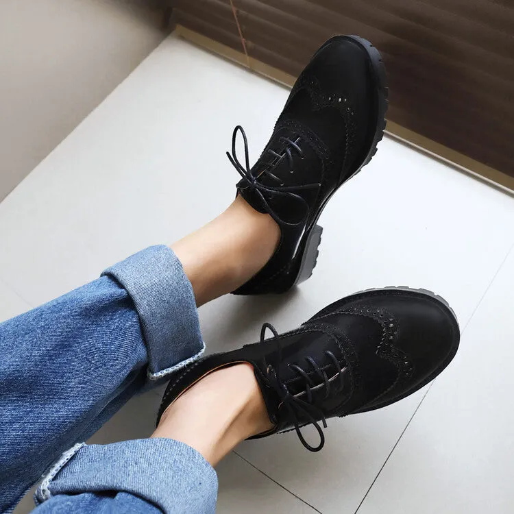 Women's Round Toe Carved Lace-Up Flat Oxford Shoes